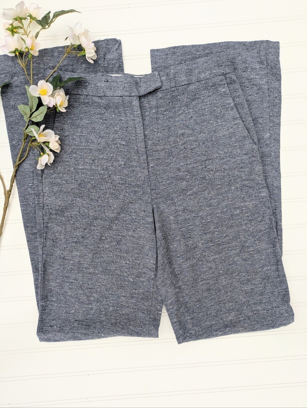 Ann Taylor Navy Linen Blend High Waist Wide Legged Trouser